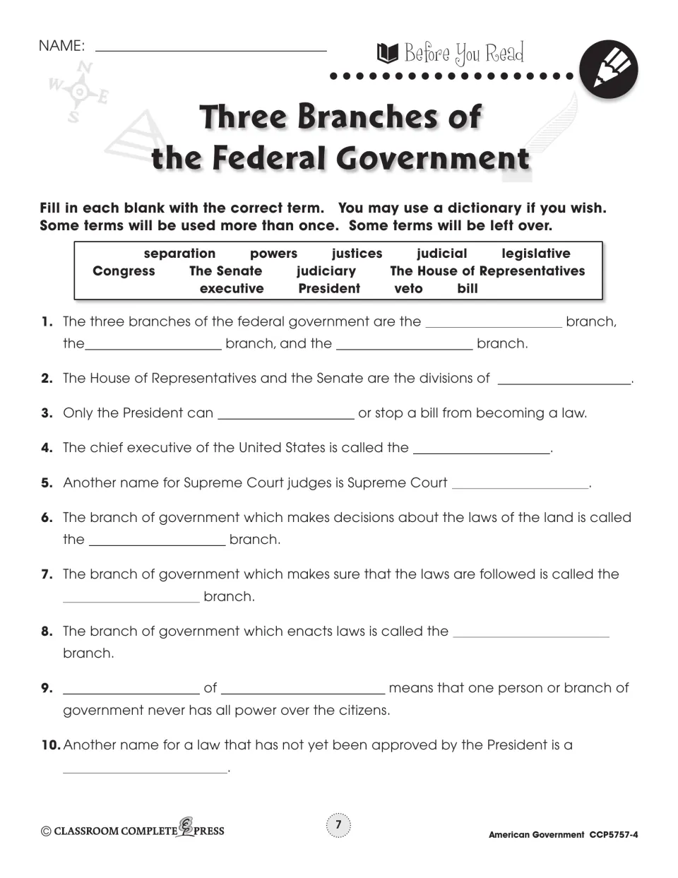 Before you read vocabulary: students fill 10 blanks from a word bank with terms like legislative, veto and justices