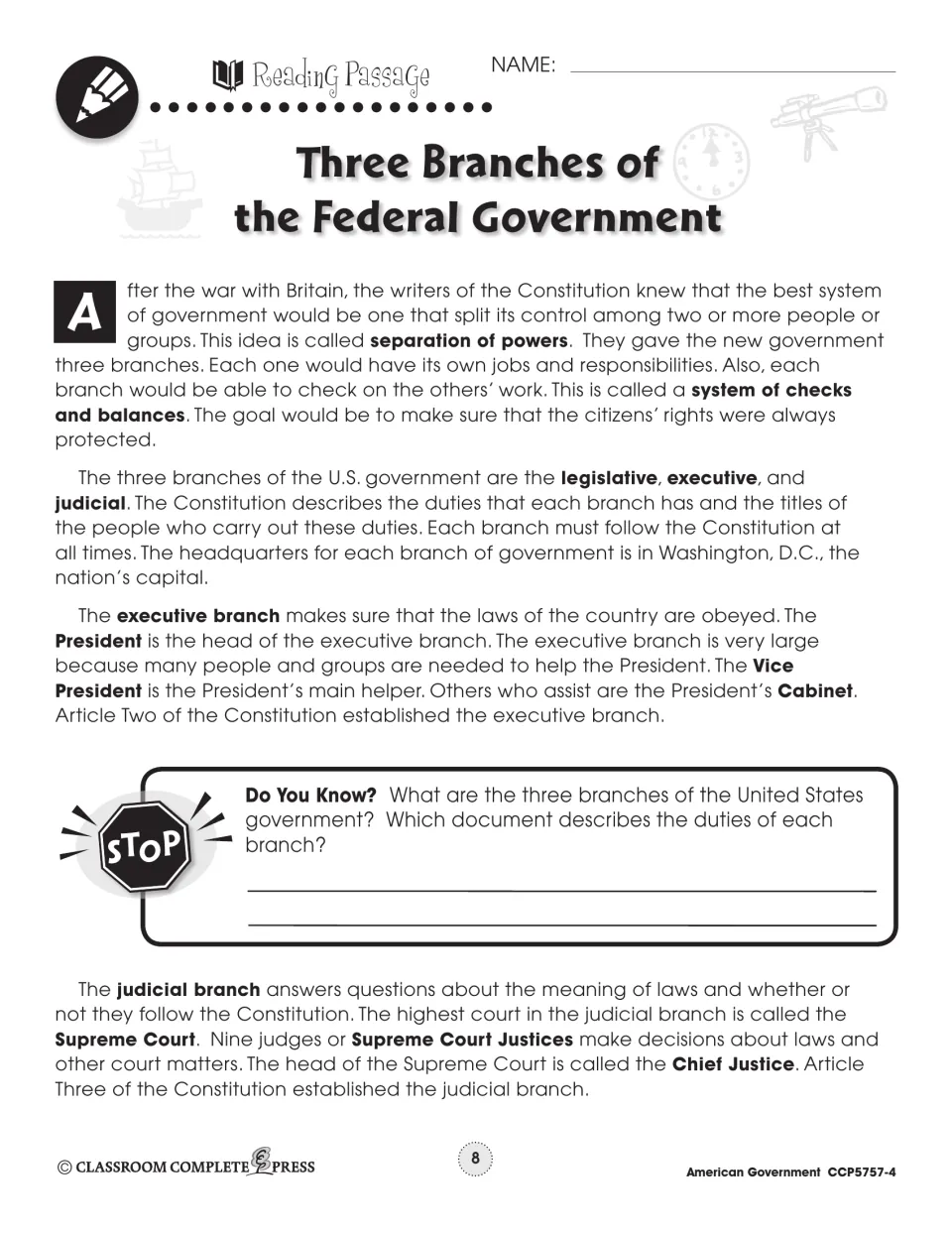 Reading passage on separation of powers, checks and balances, and executive and judicial branches, with a question stop