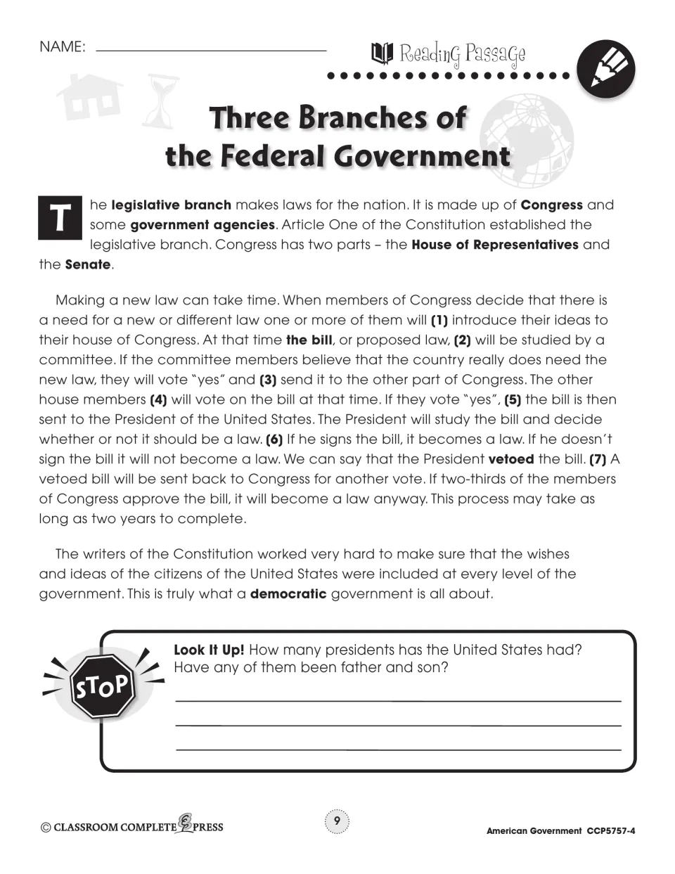 Reading passage on the legislative branch, Congress and seven steps of how a bill becomes law, with a research question