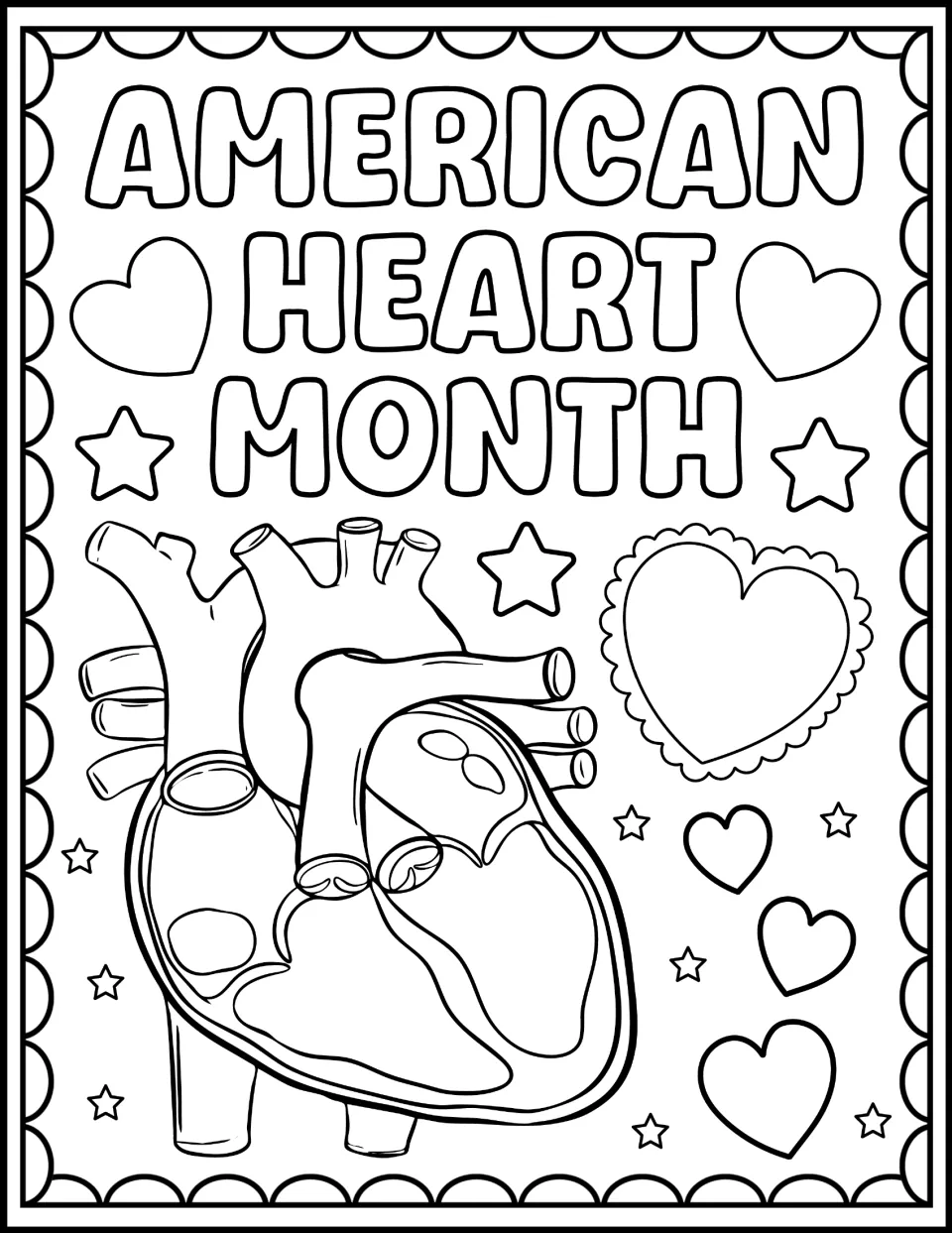 American Heart Month coloring page: students color a detailed human heart drawing surrounded by hearts and stars