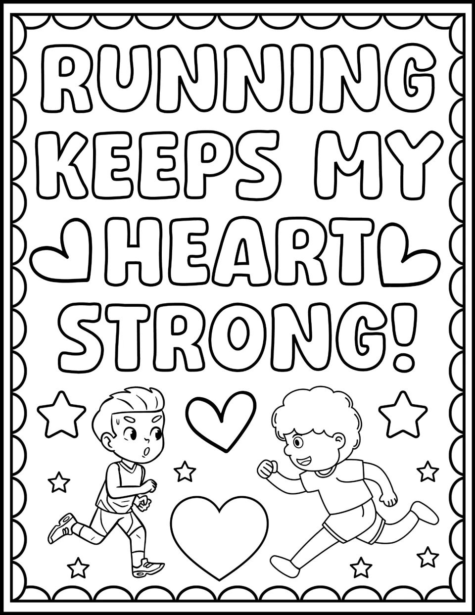 Running Keeps My Heart Strong! page: students color two boys running among hearts and stars