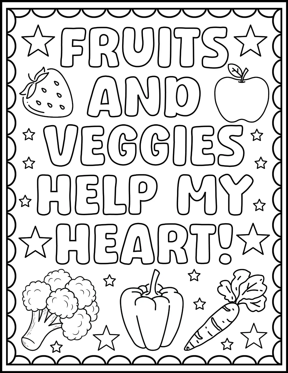 Fruits and Veggies Help My Heart! page: students color a strawberry, apple, broccoli, pepper and carrot