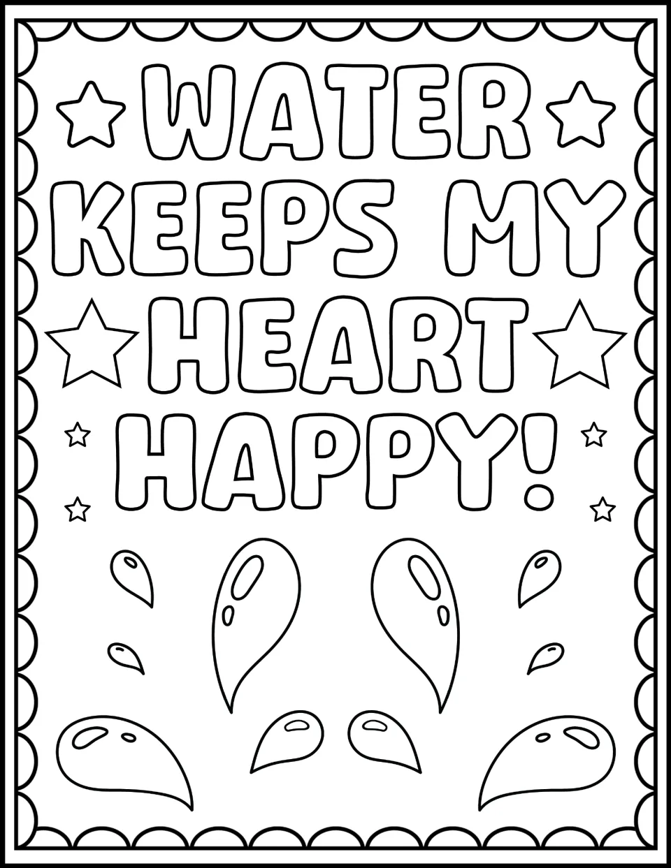 Water Keeps My Heart Happy! sheet: students color the bubble-letter slogan and splashing water droplets