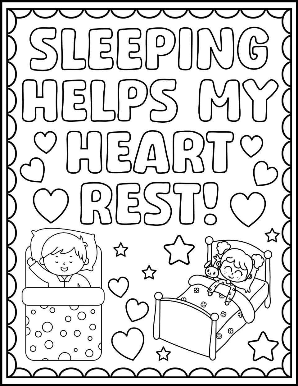 Sleeping Helps My Heart Rest! page: students color a boy in a sleeping bag and a girl asleep in bed