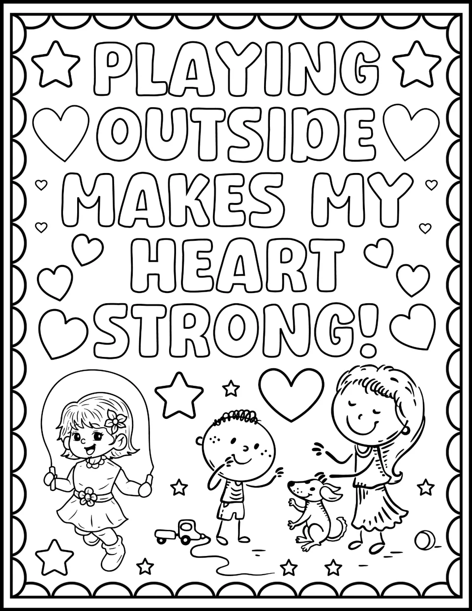 Playing Outside Makes My Heart Strong!: students color children jumping rope and playing with a dog