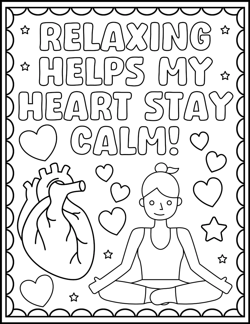 Relaxing Helps My Heart Stay Calm! page: students color a girl meditating cross-legged beside a heart
