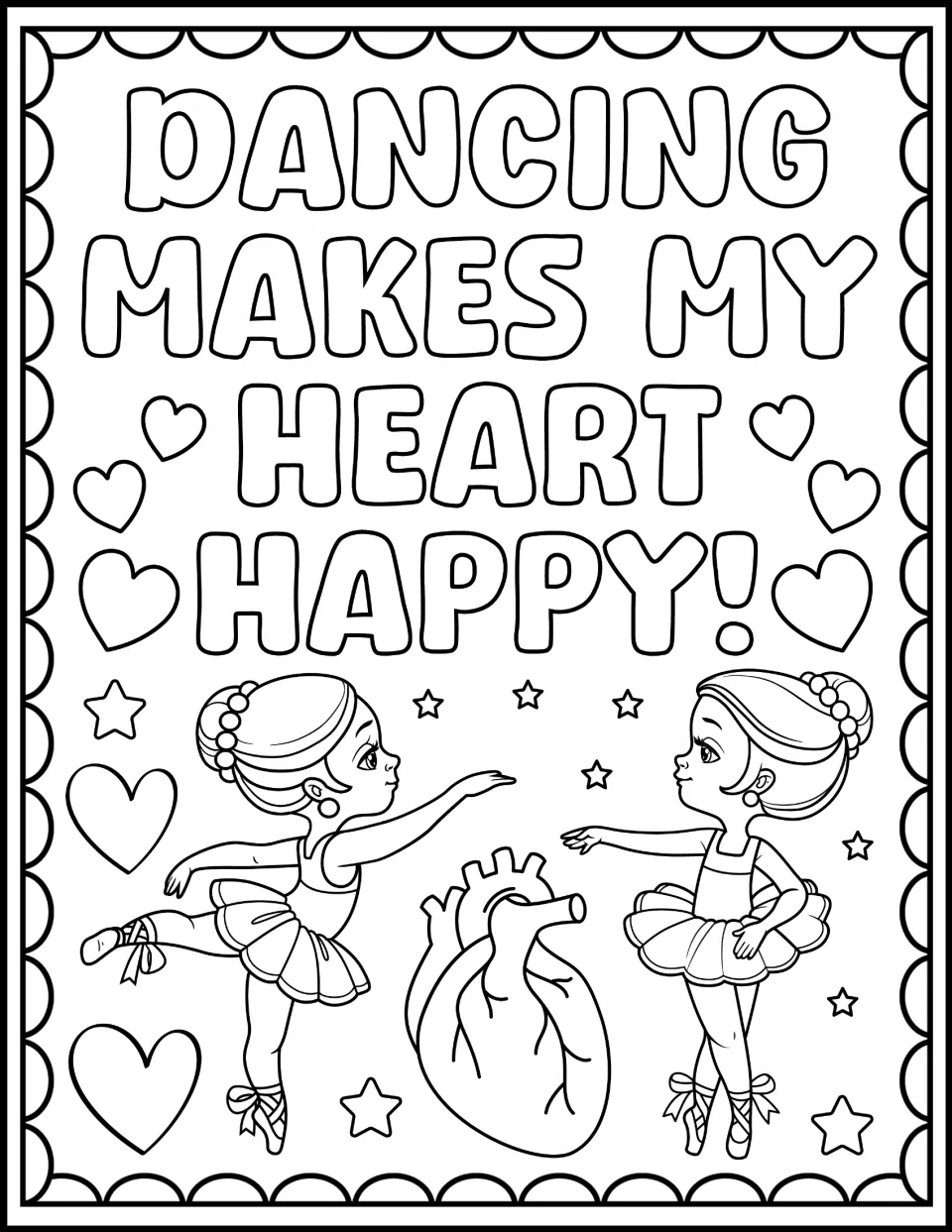 Dancing Makes My Heart Happy! coloring sheet: students color two ballerinas posing around a human heart