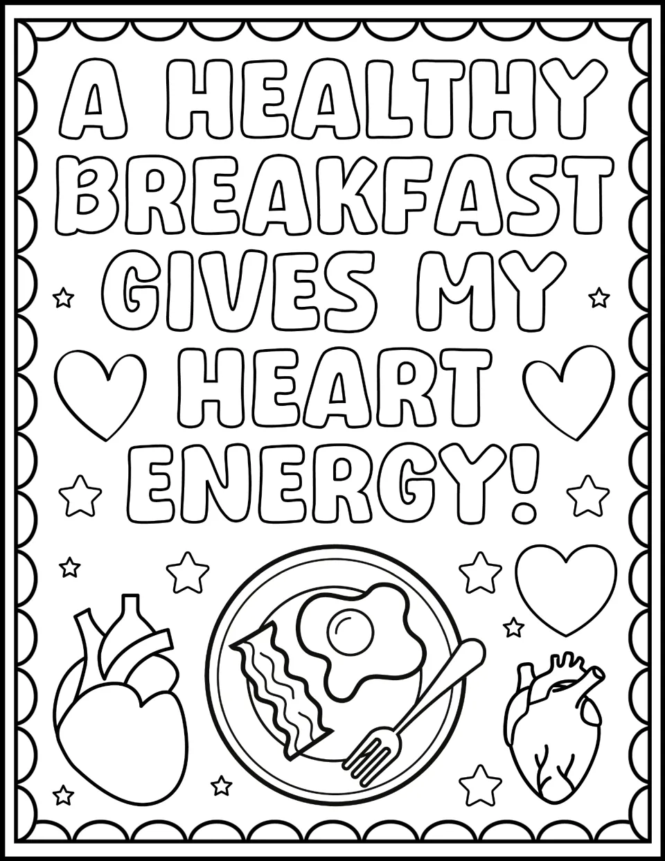 A Healthy Breakfast Gives My Heart Energy!: students color a plate of egg and bacon between two hearts