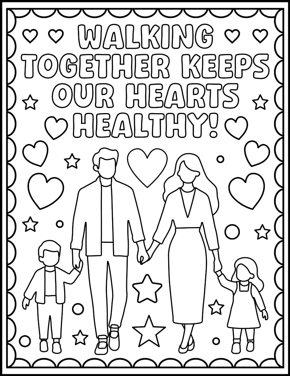 Walking Together Keeps Our Hearts Healthy!: students color a family of four holding hands on a walk