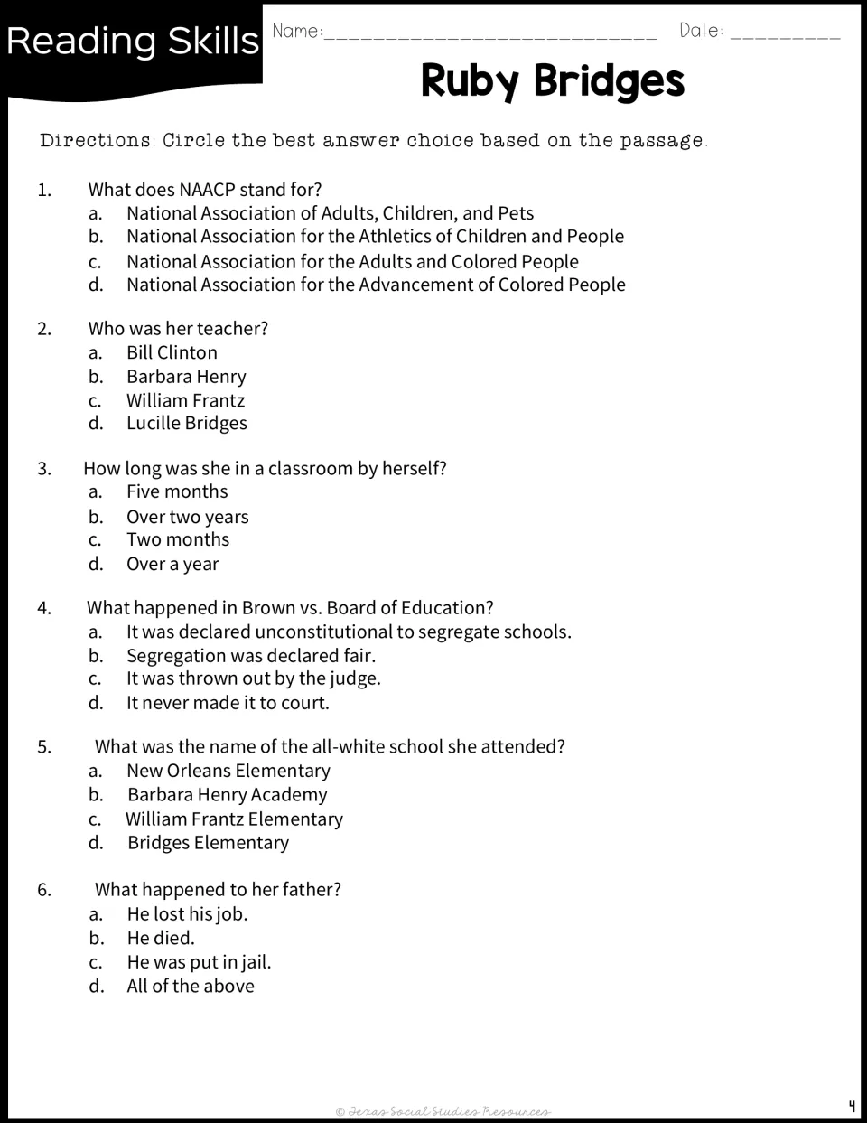 Multiple-choice comprehension questions 1-6 on the NAACP, Brown vs. Board of Education, her teacher, school and father