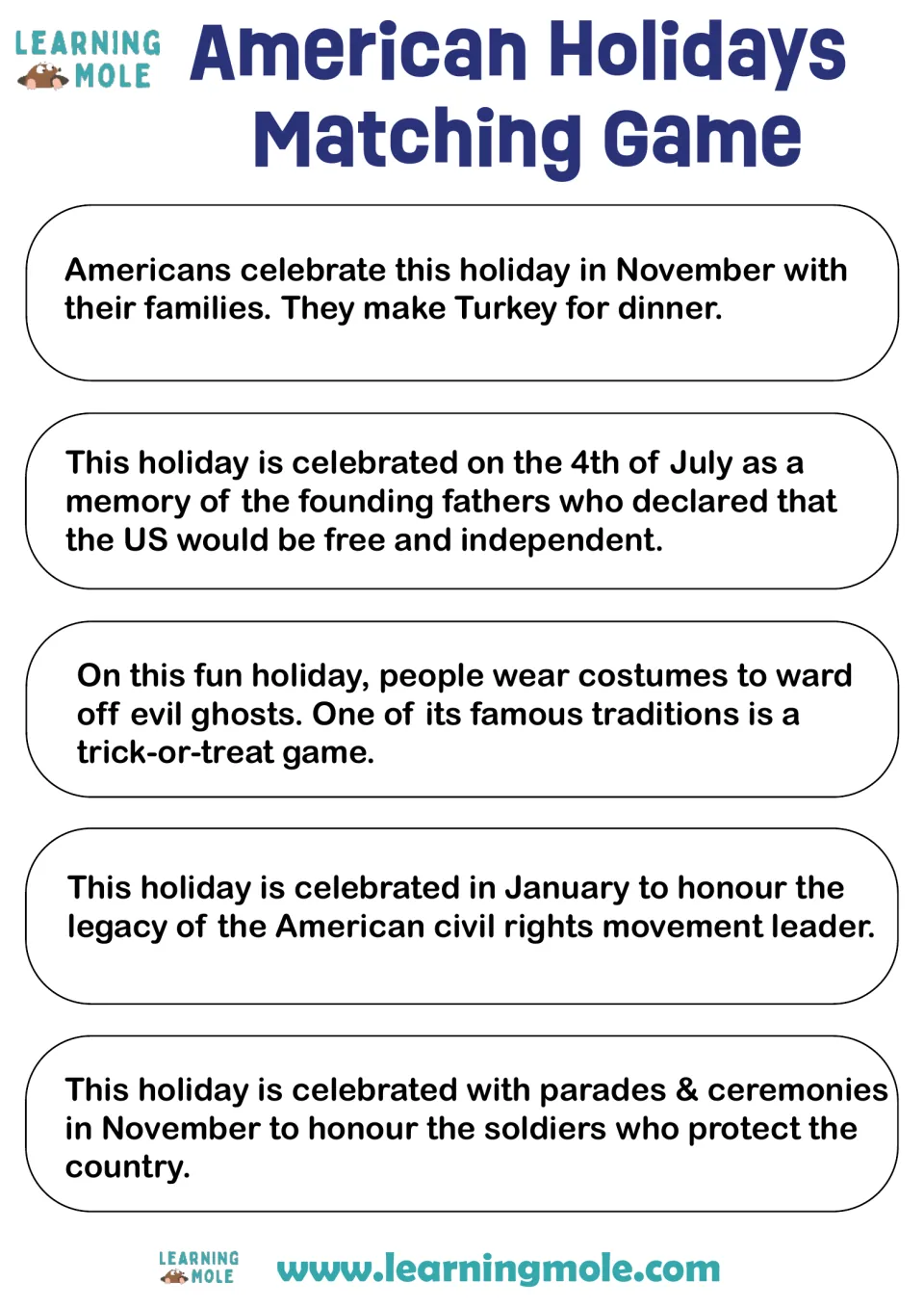 US holiday clue cards: five descriptions, e.g. turkey in November, 4th of July, costumes, to cut out and match to holidays