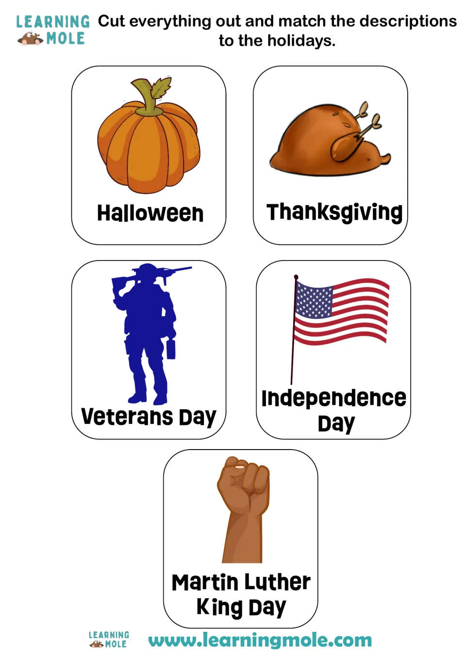 Holiday picture cards to cut and match: Halloween pumpkin, Thanksgiving turkey, Veterans Day soldier, US flag, MLK Day fist