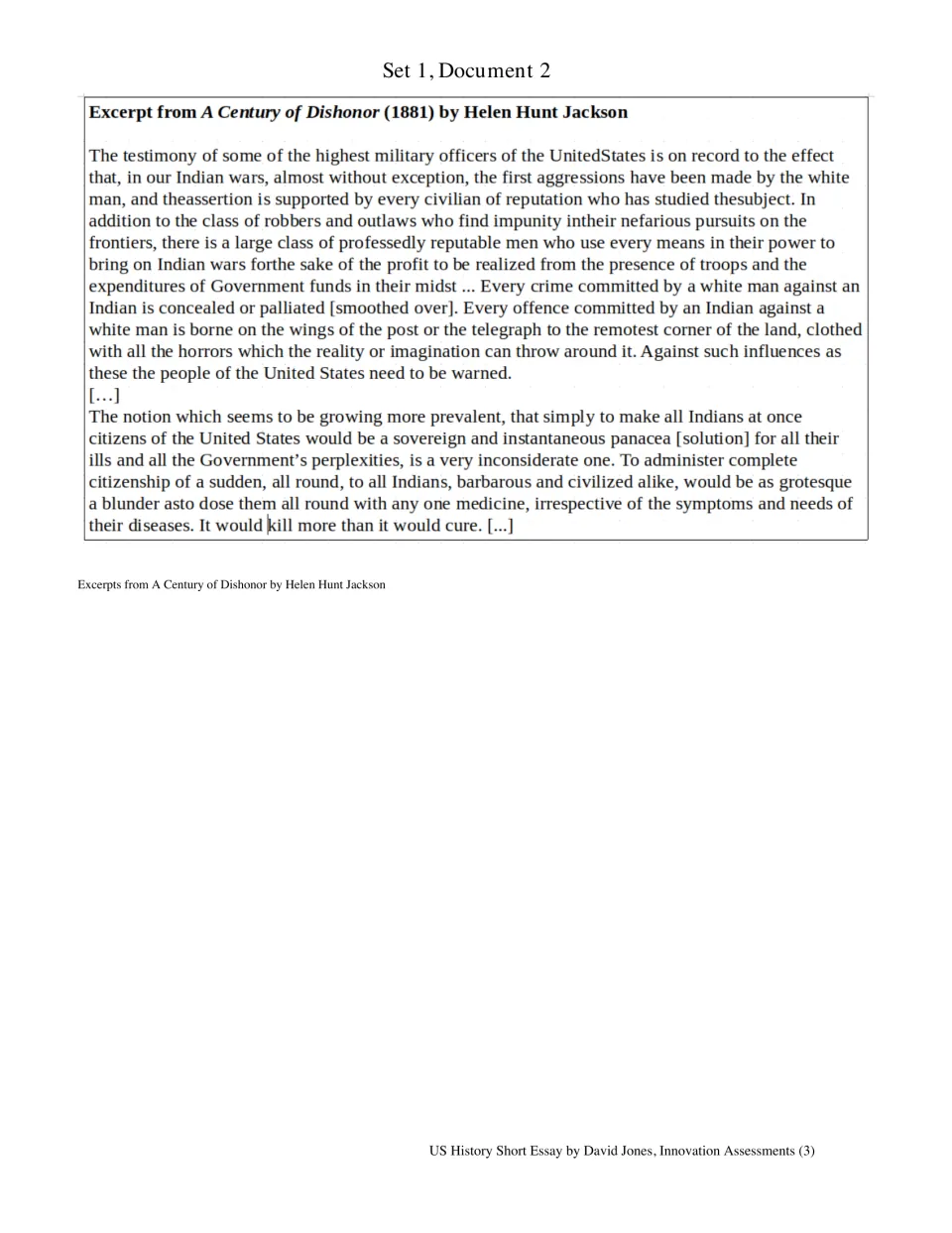 Set 1, Document 2: Helen Hunt Jackson's A Century of Dishonor excerpt on wars and Native American citizenship