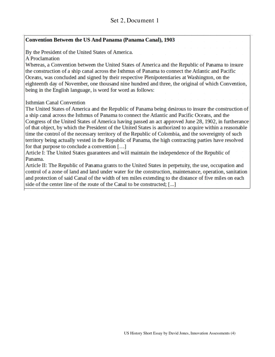 Set 2, Document 1: 1903 US-Panama convention excerpt granting US control of land for the Panama Canal