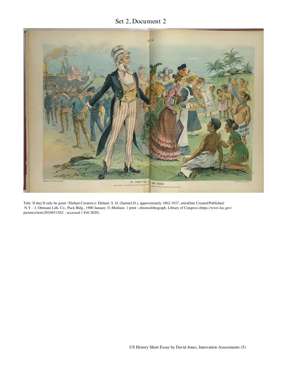 Set 2, Document 2: 'If they'll only be good' political cartoon showing Uncle Sam, armed troops, and islanders