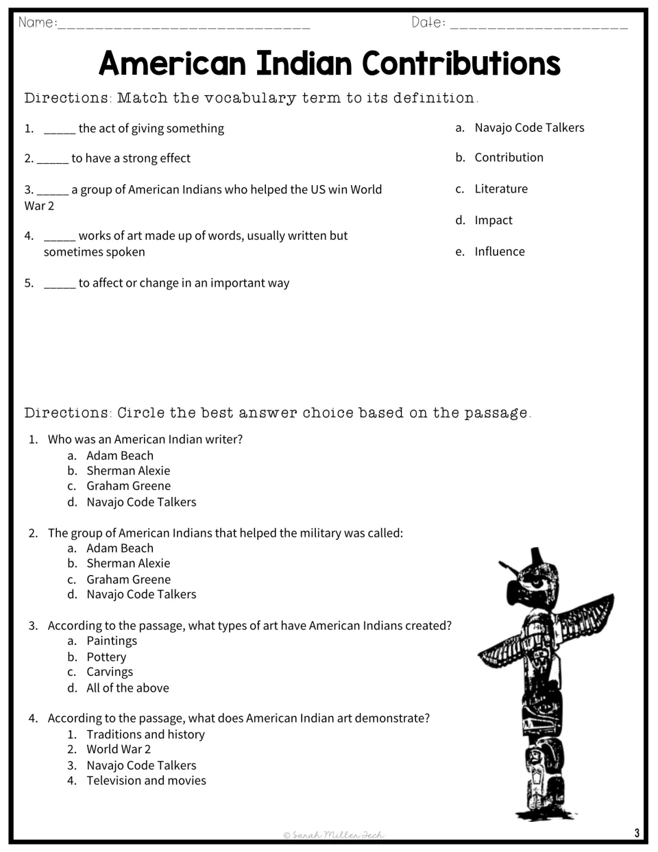 Vocabulary matching for contribution, impact, influence and literature, then four multiple-choice questions on the passage