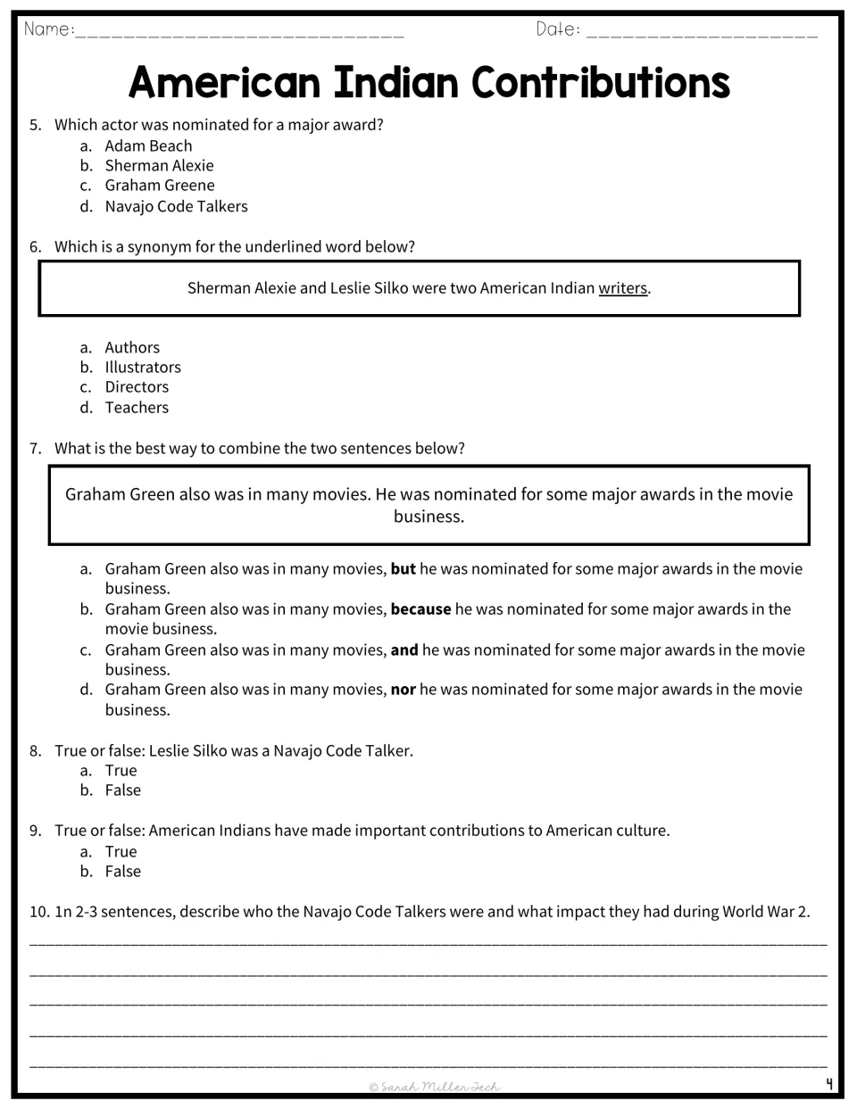 Questions 5-10: multiple choice, a synonym for writers, combining sentences, true/false and a Code Talkers response