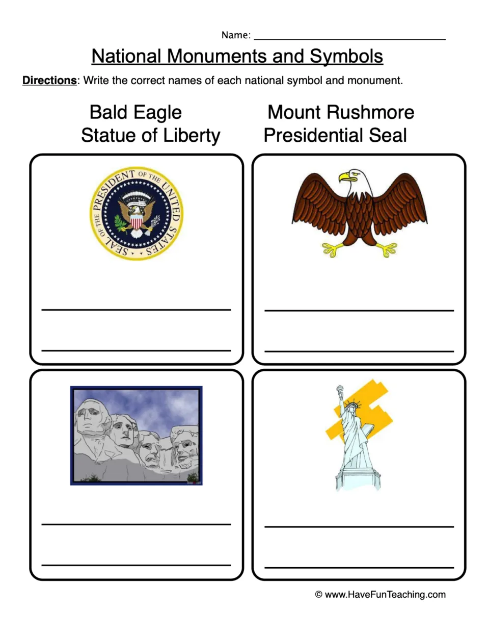 Identification worksheet: Presidential Seal, Bald Eagle, Mount Rushmore, and Statue of Liberty, with a word bank