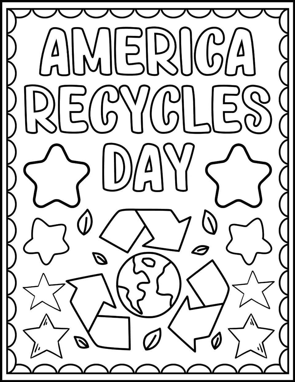 America Recycles Day coloring sheet: students color the bubble-letter title, a recycling symbol around Earth and stars