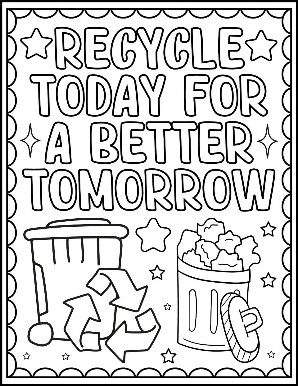 Recycle today for a better tomorrow: children color the slogan, a wheeled recycling bin and a can overflowing with paper