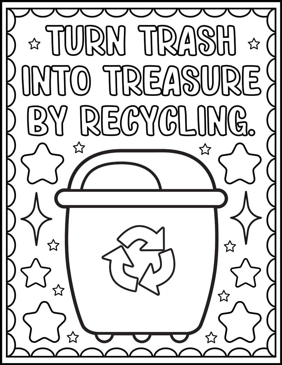 Turn trash into treasure by recycling: learners color the motto and a large domed bin marked with the recycling symbol