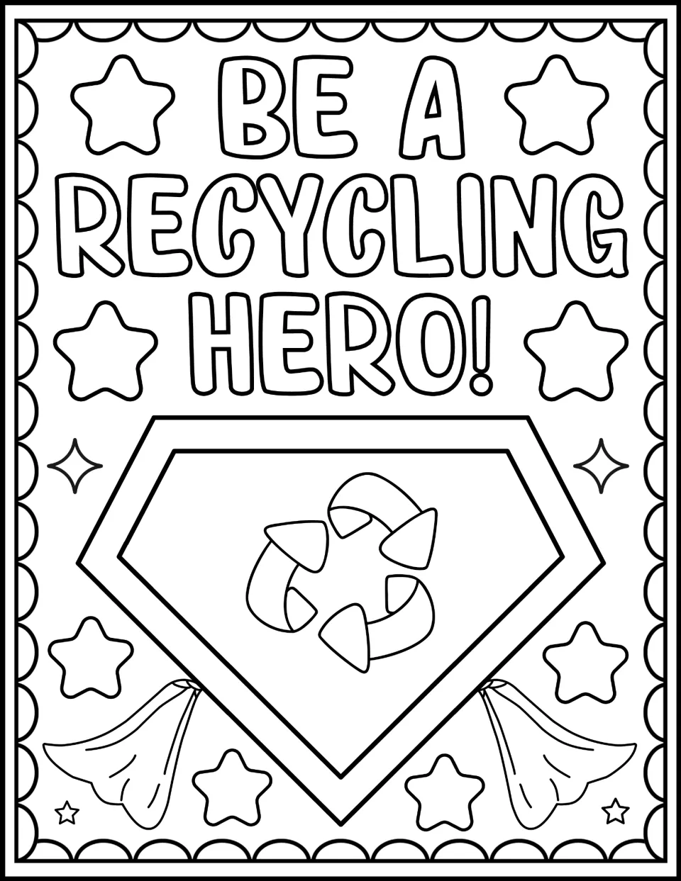 Be a recycling hero: children color the title and a superhero emblem with a recycling symbol and flowing cape