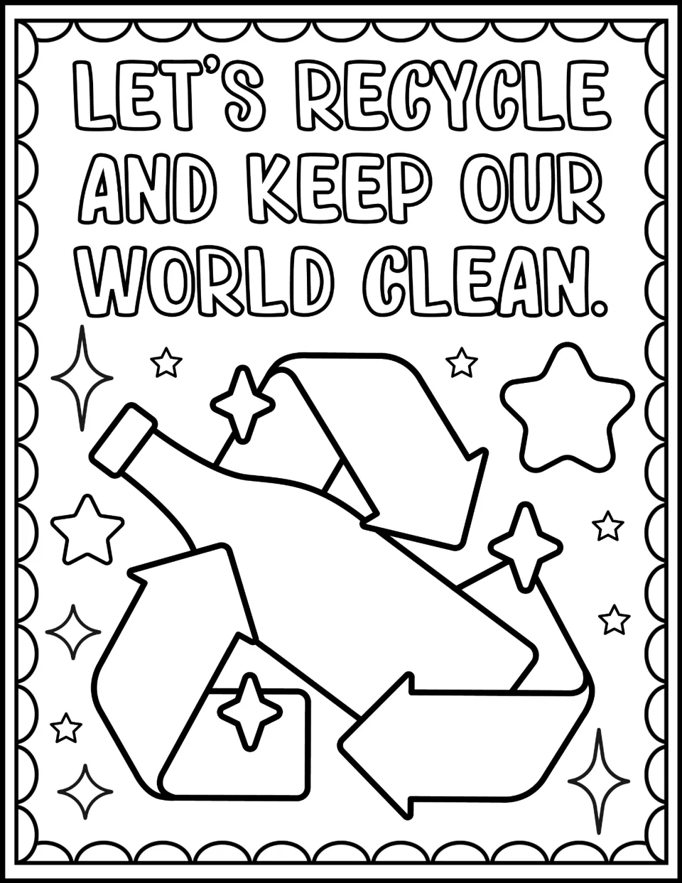 Let's recycle and keep our world clean: kids color the message, a bottle and a carton inside a big recycling symbol
