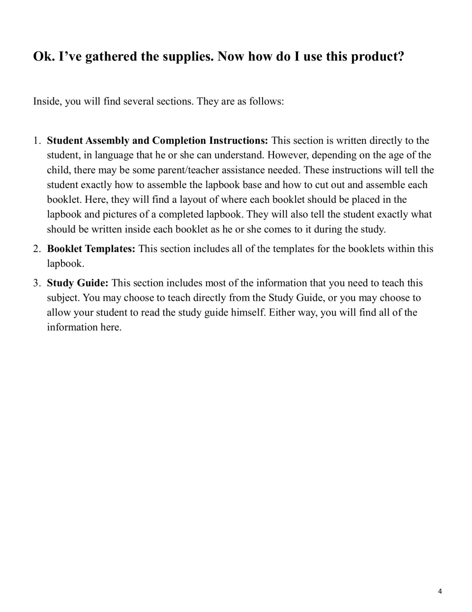 Lapbook overview explains student assembly and completion instructions, booklet templates, and the study guide