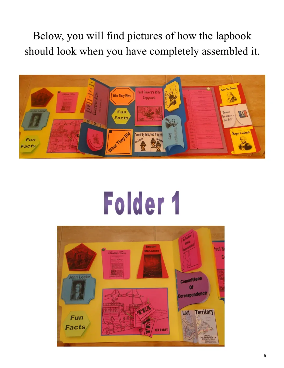 Completed lapbook examples show the full project and Folder 1 booklets on taxes, John Locke, and Boston events