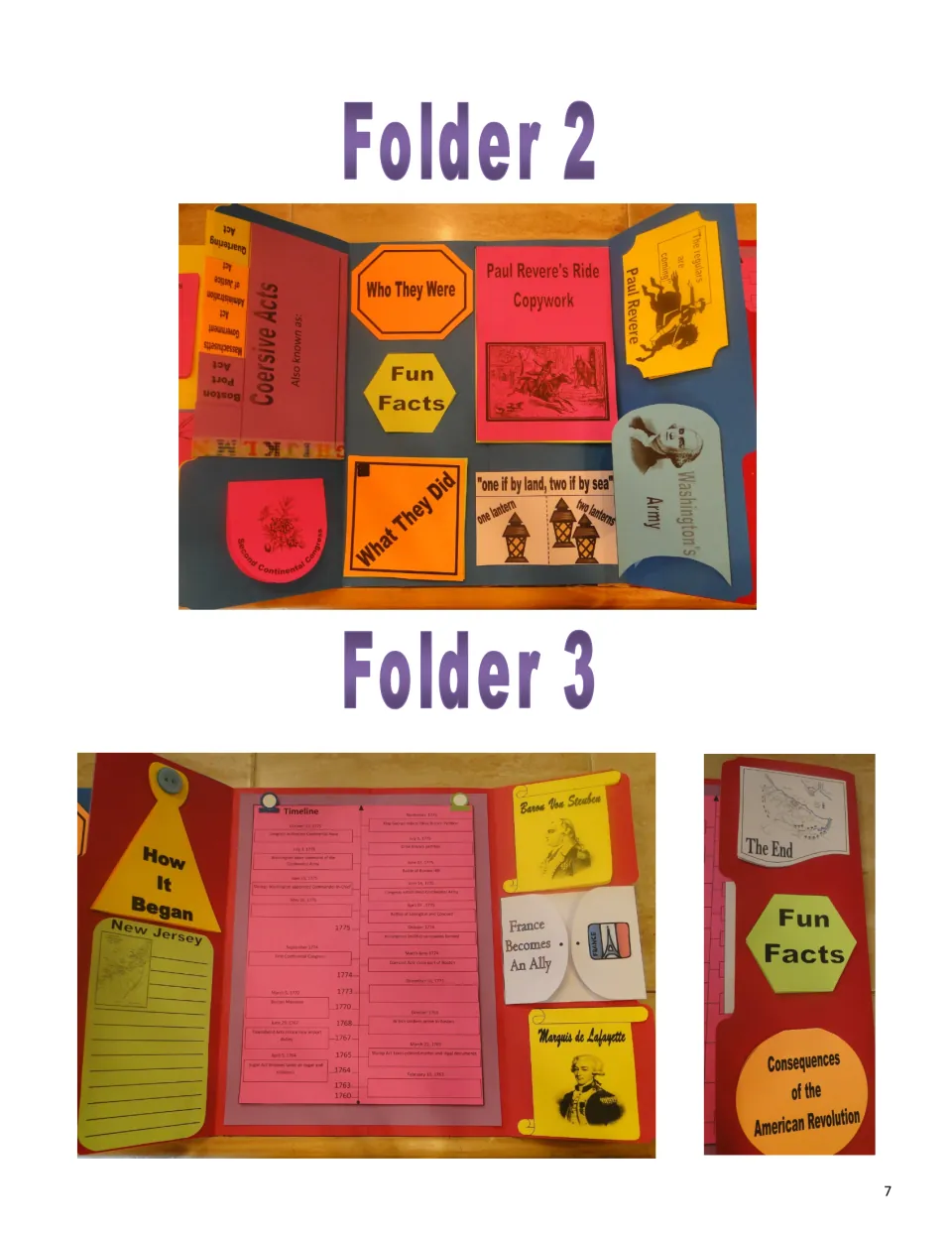 Completed lapbook Folders 2 and 3 show Coercive Acts, Paul Revere’s Ride copywork, a timeline, and war consequences