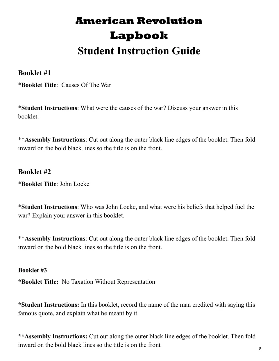 Lapbook instructions for booklets 1–3: Causes of the War, John Locke, and No Taxation Without Representation