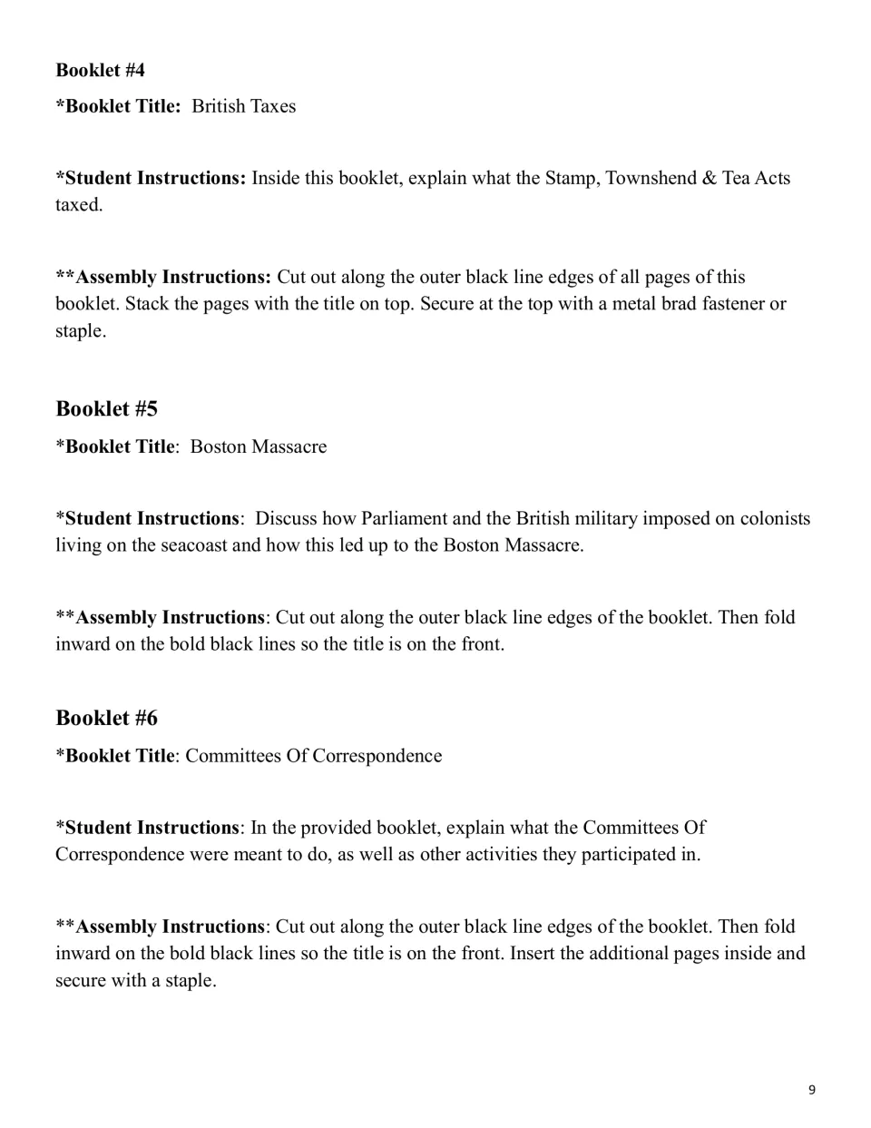 Lapbook instructions for booklets 4–6: British Taxes, Boston Massacre, and Committees of Correspondence