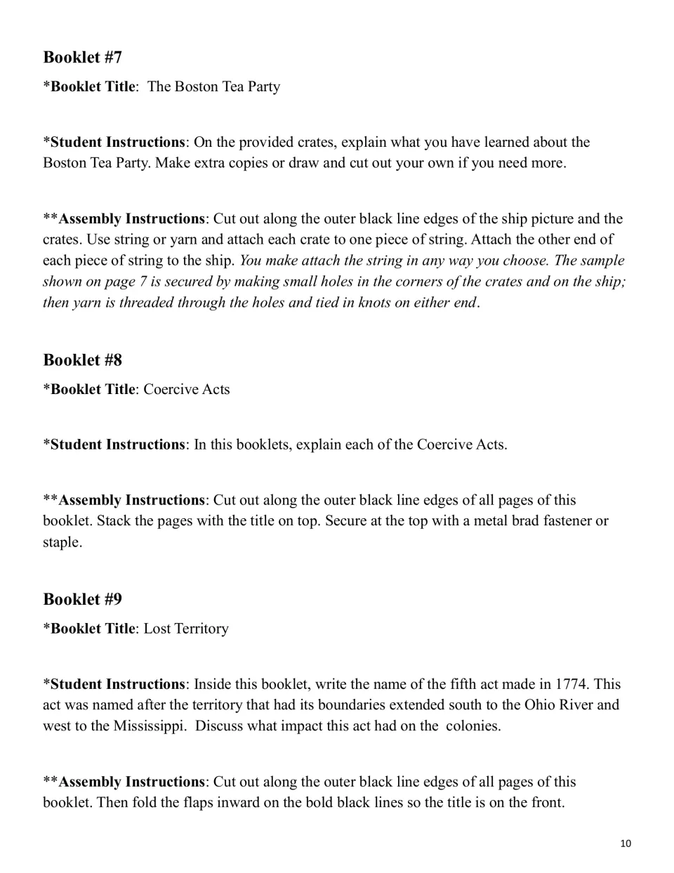 Lapbook instructions for booklets 7–9 cover the Boston Tea Party, Coercive Acts, and Lost Territory