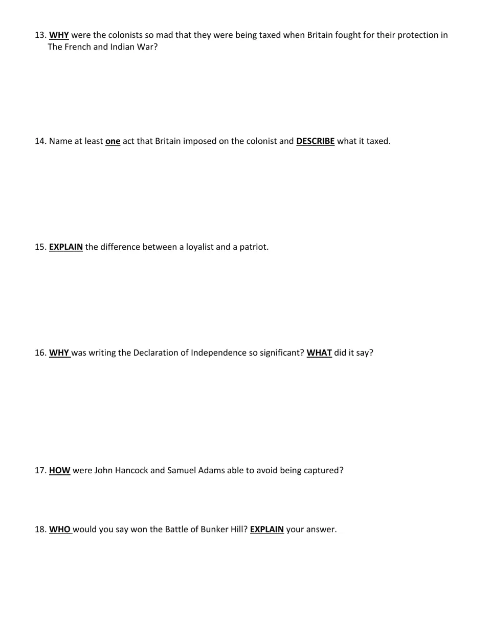 Revolution short answers: students explain colonial taxes, loyalists vs patriots, the Declaration and Bunker Hill