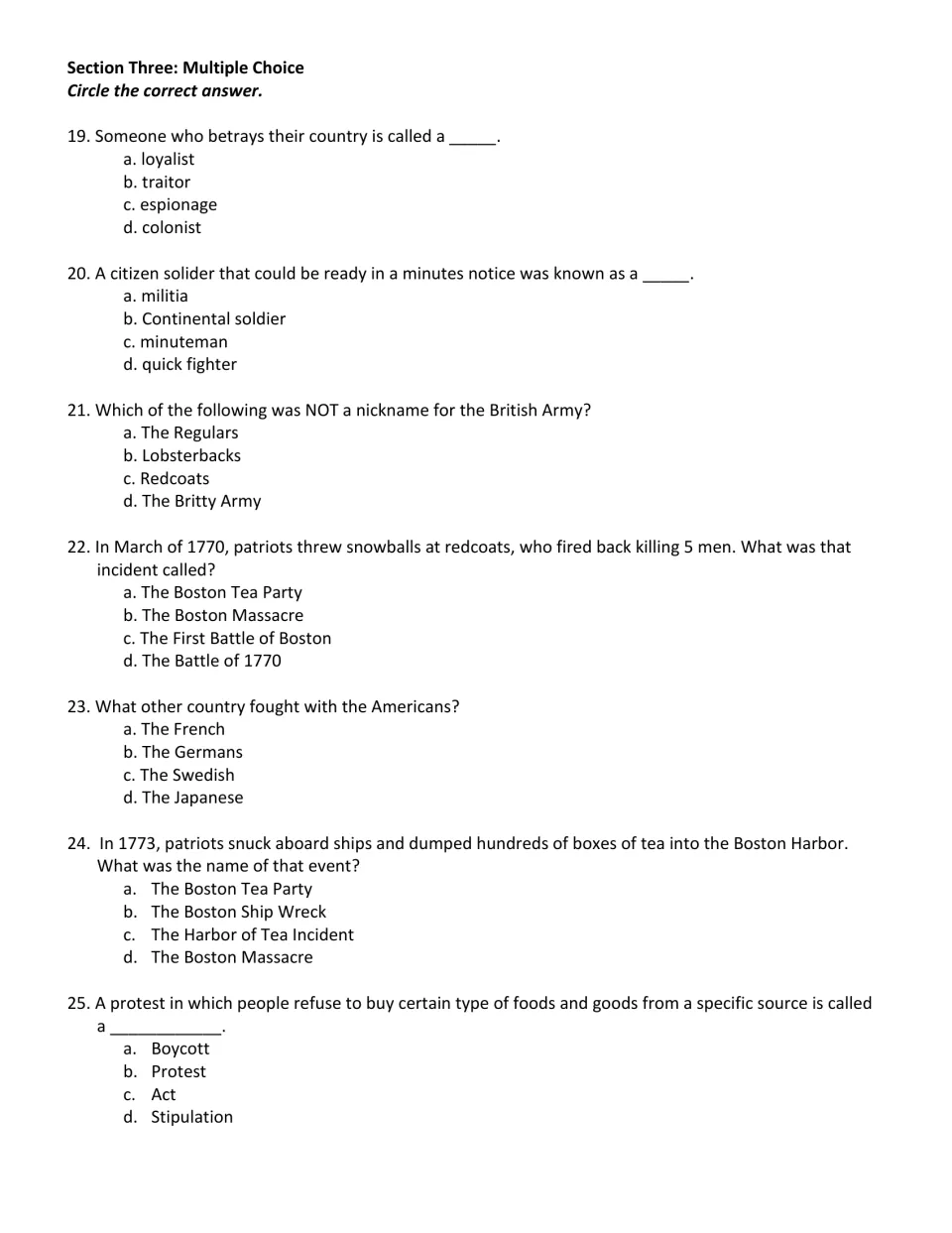 Revolution vocabulary and events: students circle multiple-choice answers on traitor, minuteman, Boston Massacre, boycott