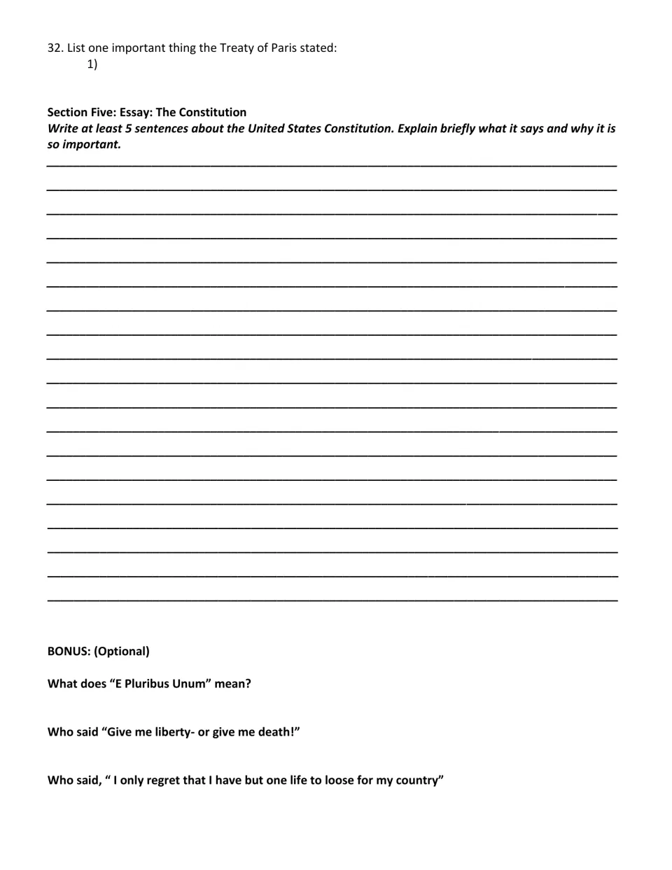 Constitution essay: students write at least 5 sentences on what it says and why it matters, plus bonus quote questions