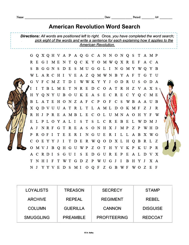 American Revolution Word Search + Sentence Activity – cover