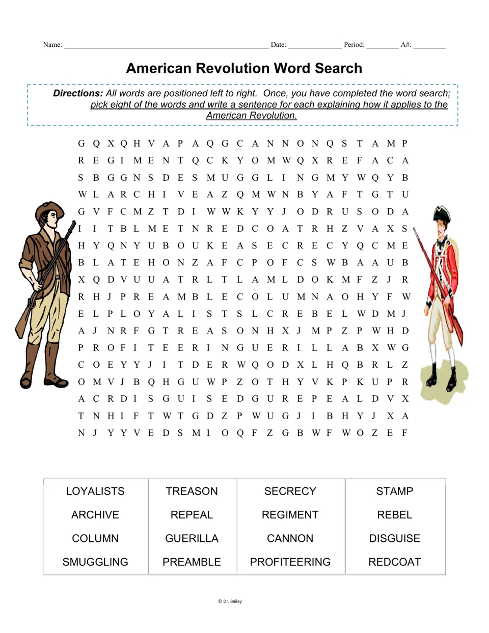 American Revolution word search: students find 16 terms like Loyalists and Redcoat, then write sentences for eight of them