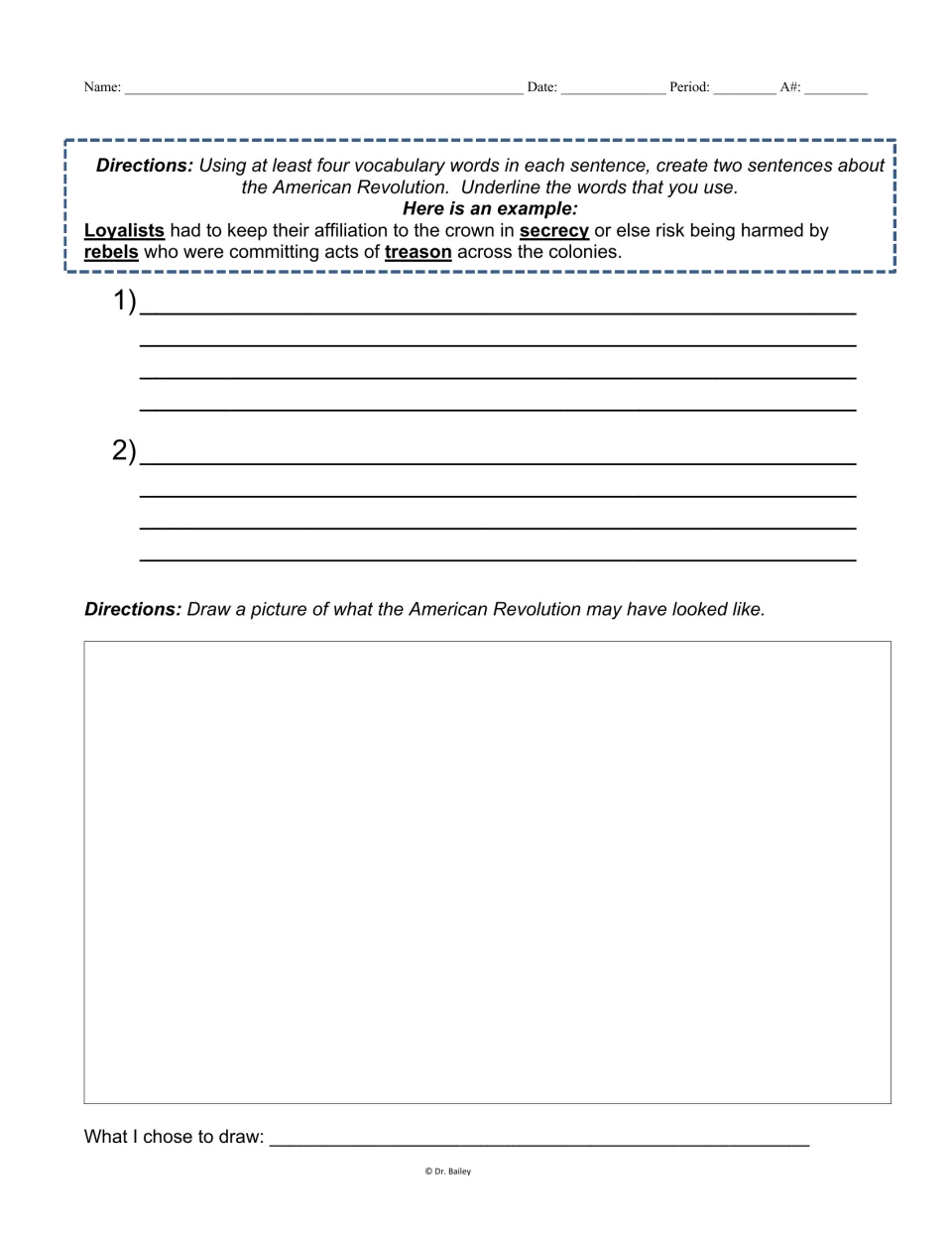 Revolution vocabulary sentences: students write two sentences using four terms each, then draw a scene from the war