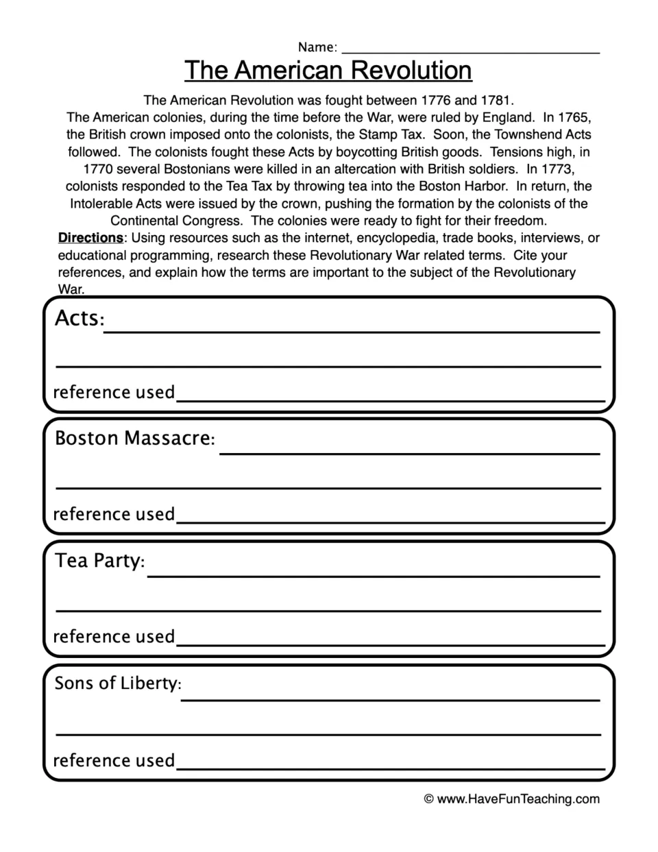 Research page 1: Acts, Boston Massacre, Tea Party, and Sons of Liberty, with a Revolutionary War introduction