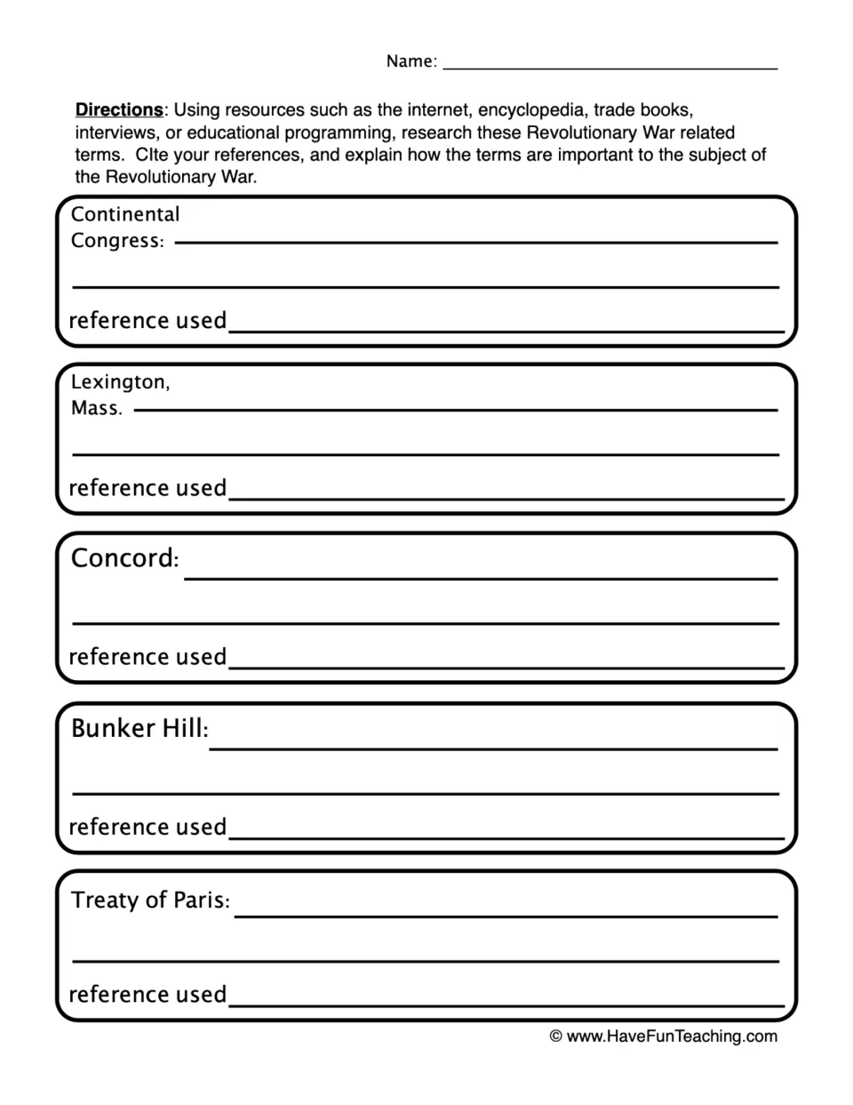 Research page 2: Continental Congress, Lexington, Concord, Bunker Hill, and Treaty of Paris terms