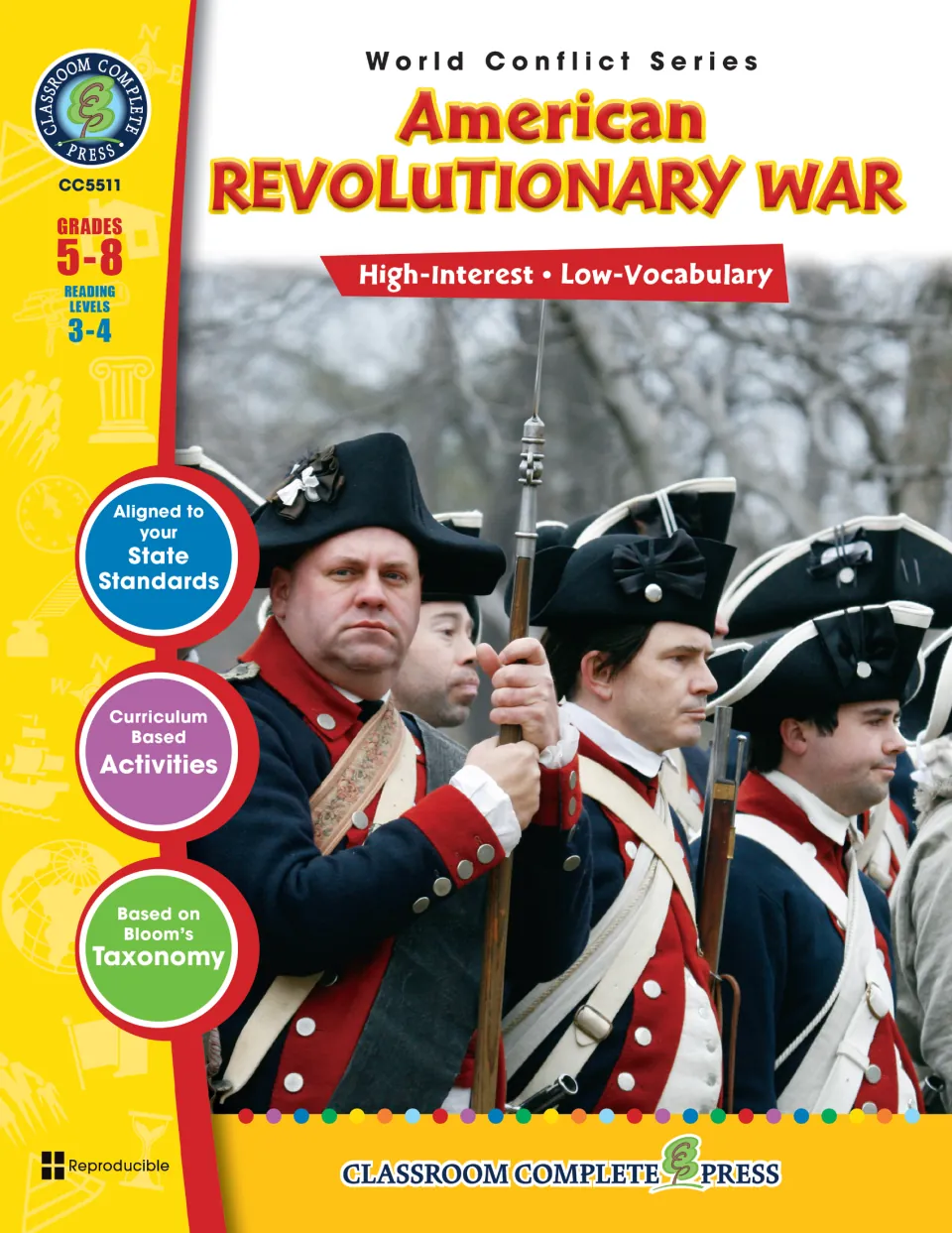 American Revolutionary War cover, World Conflict Series, grades 5–8, with a photo of soldiers in tricorn hats