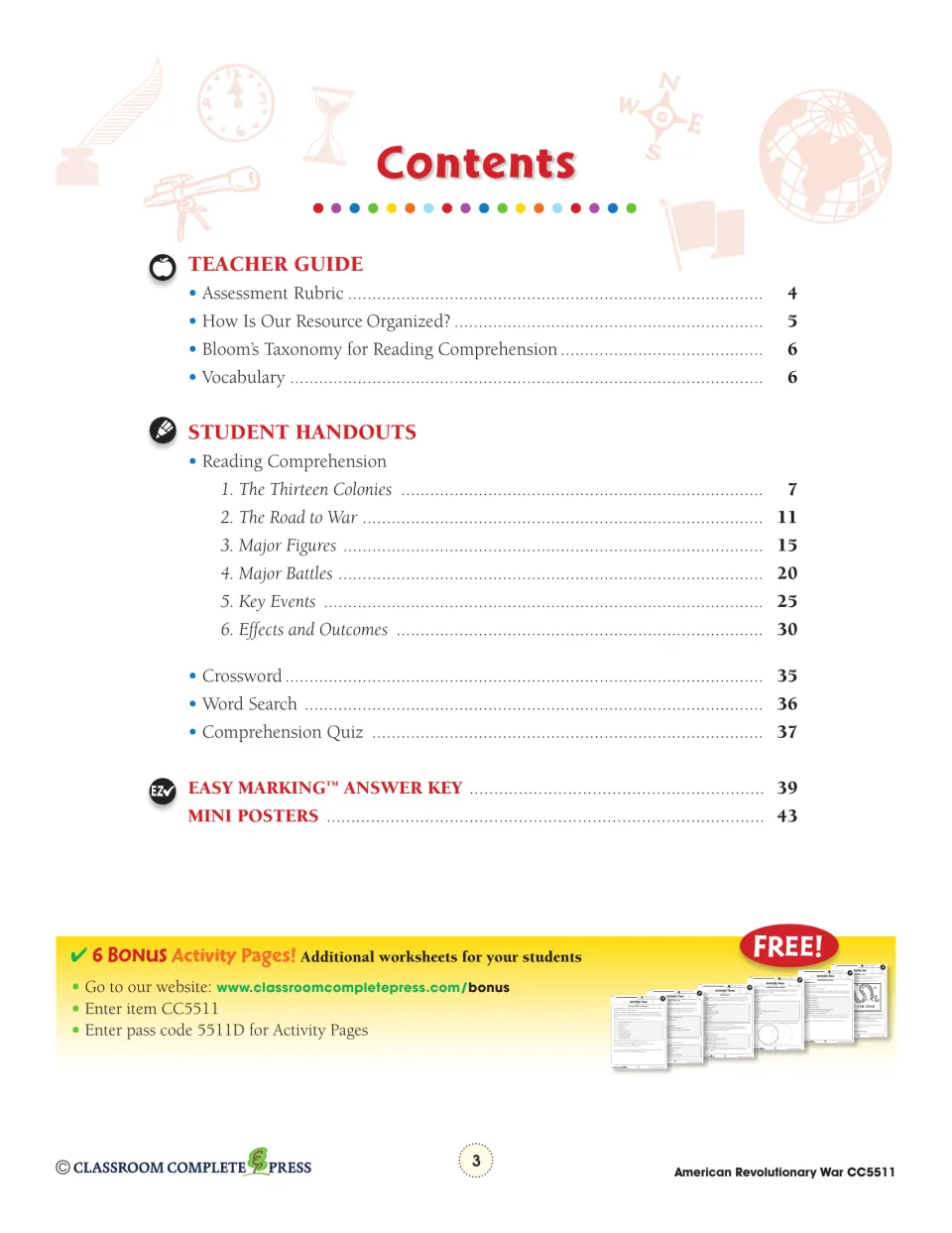 Table of contents: six reading units from The Thirteen Colonies to Effects and Outcomes, quiz and answer key