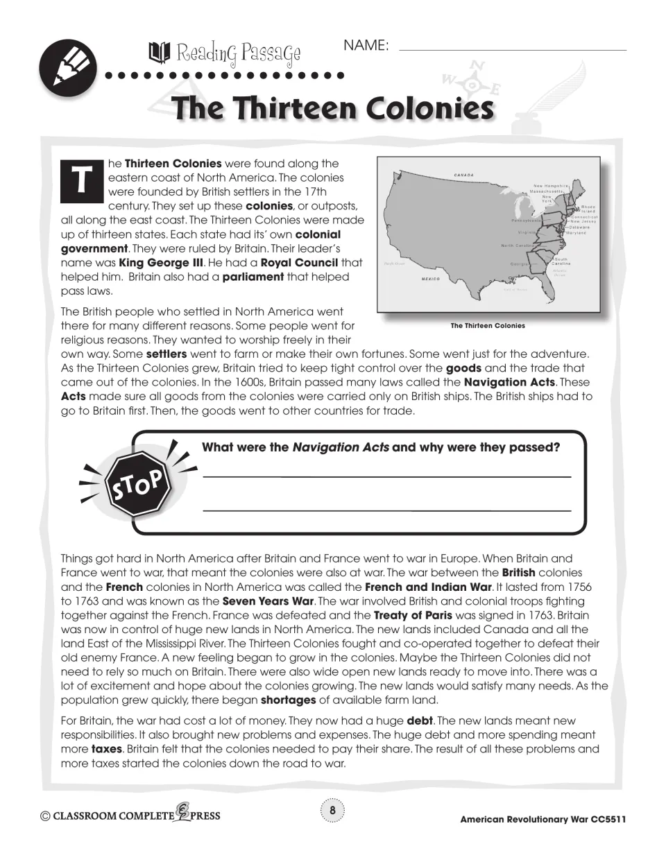 The Thirteen Colonies reading passage on the Navigation Acts and the French and Indian War, with a colony map