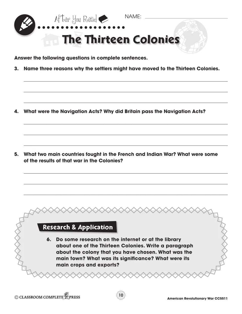 Short-answer questions 3–5 on settlers, Navigation Acts and the French and Indian War, plus a colony research task