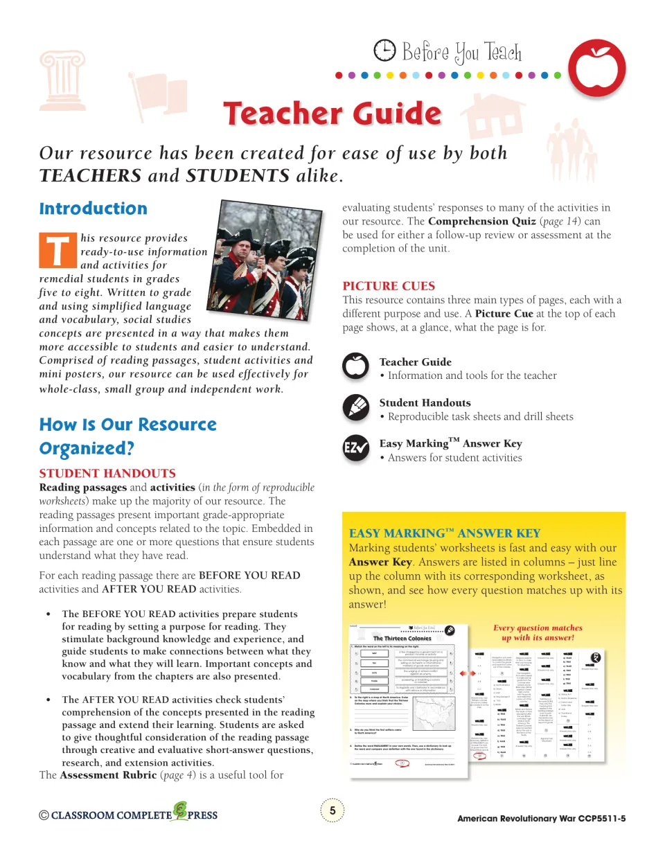 Teacher guide explaining the resource's reading passages, before and after you read activities and Easy Marking answer key