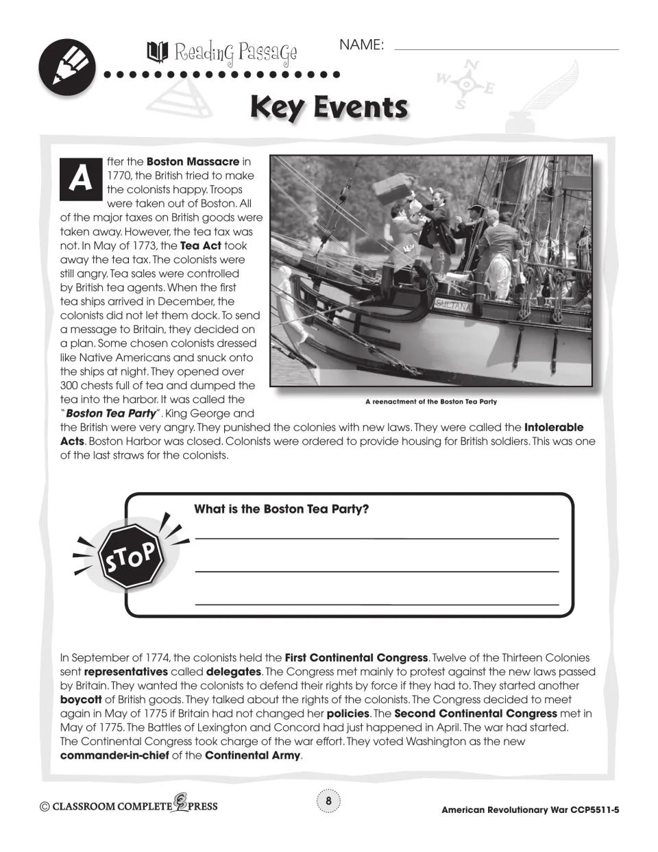 Reading passage on the Boston Tea Party, Intolerable Acts and First and Second Continental Congress with a stop question