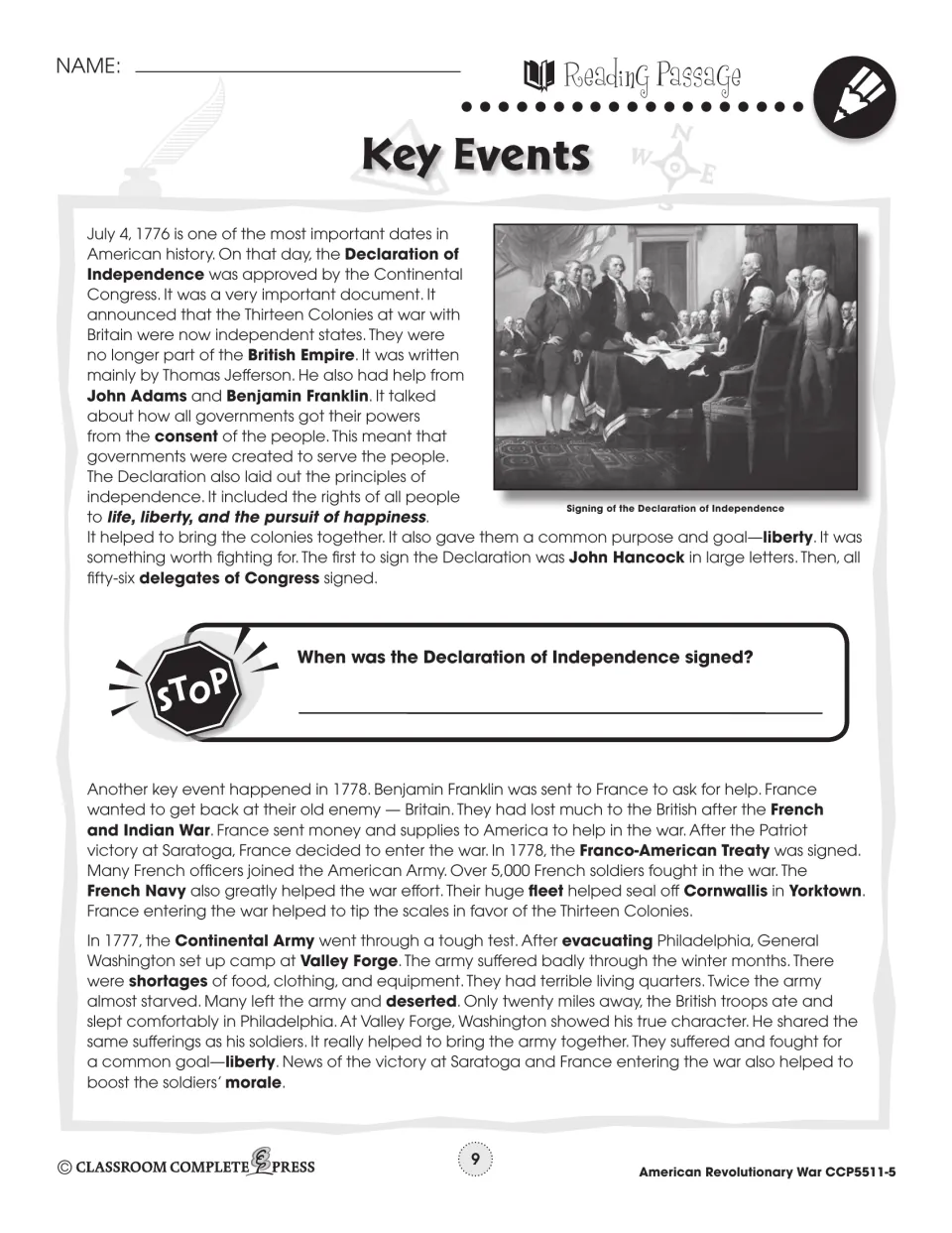Reading passage on the Declaration of Independence, the French alliance and winter at Valley Forge, with a stop question