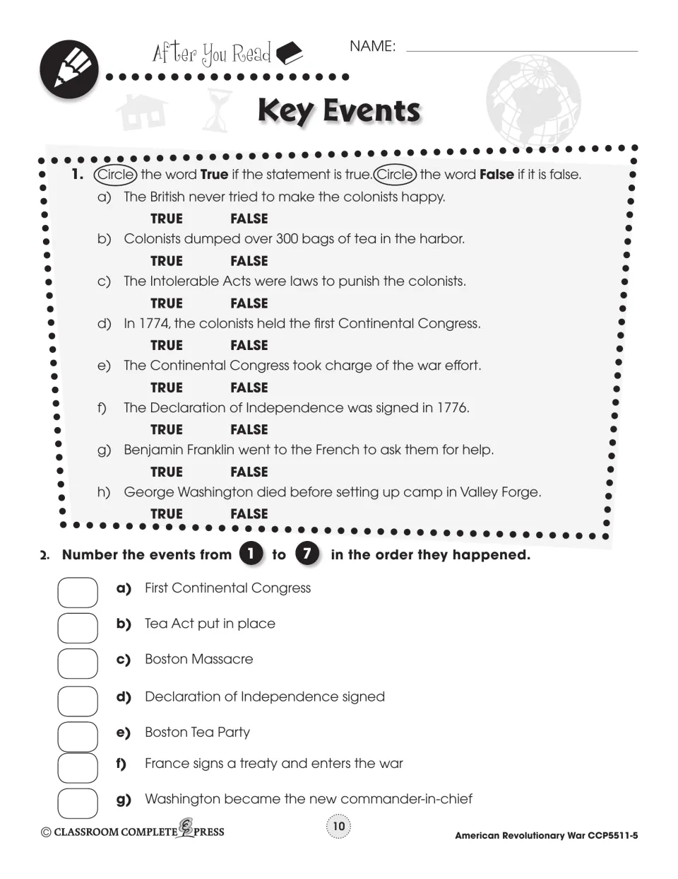 Key Events after you read: students mark 8 true or false statements and sequence 7 events from the Boston Massacre onward