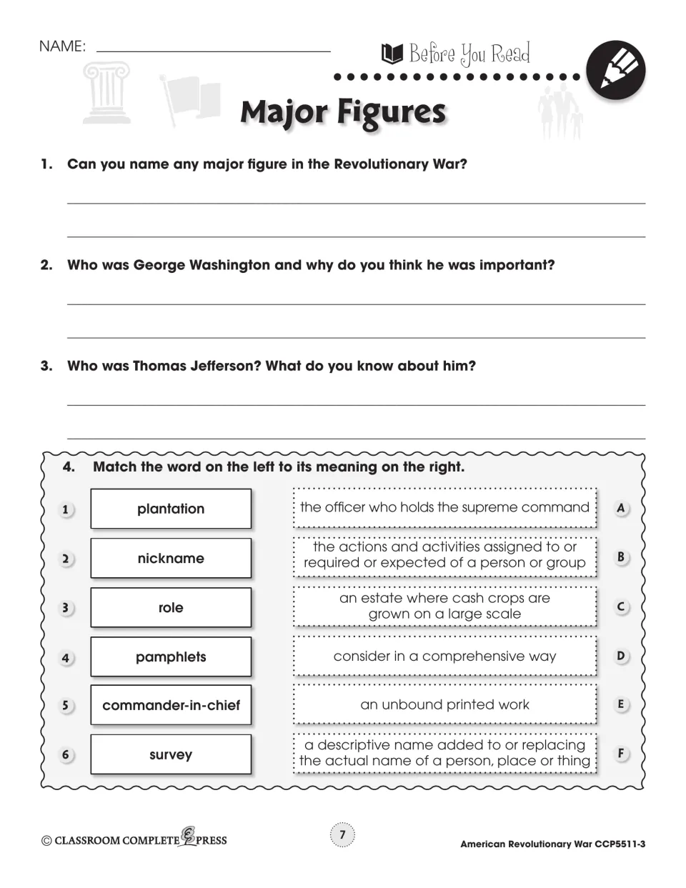 Before You Read: questions on Washington and Jefferson, plus matching six words such as plantation and survey